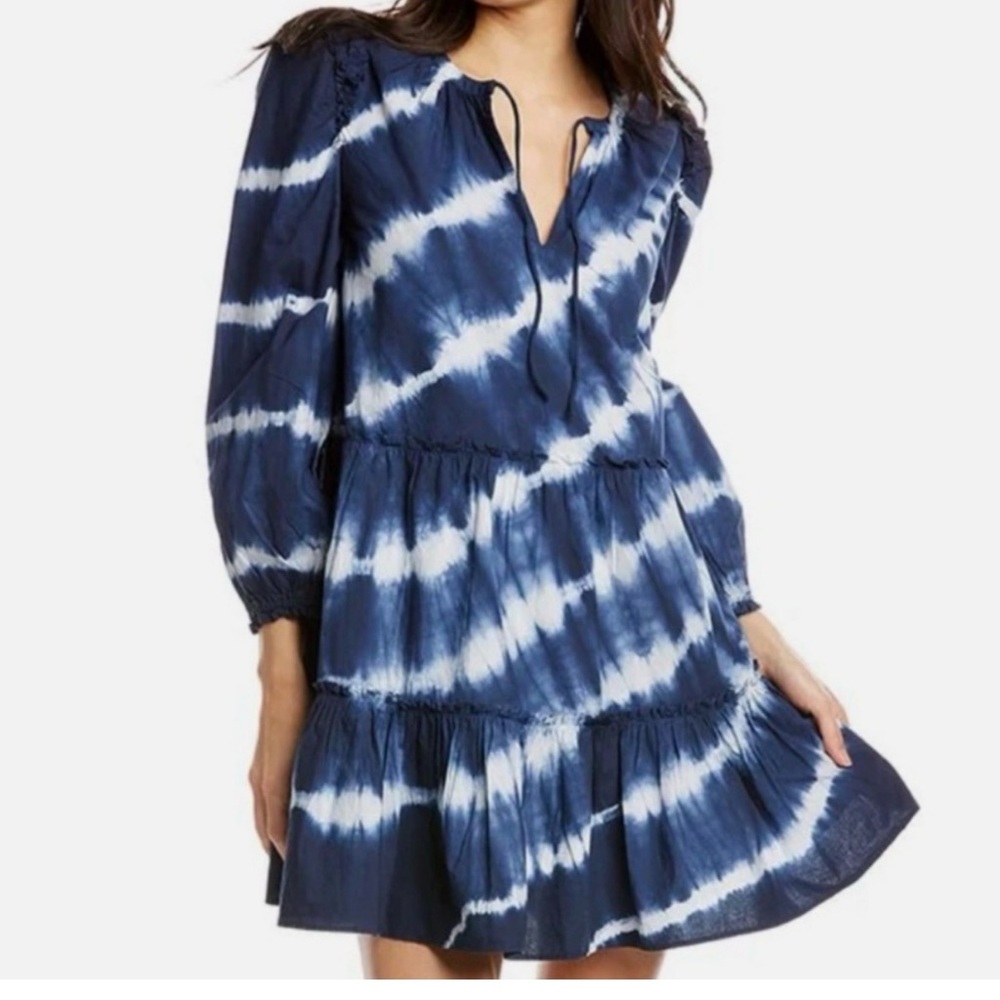 Generation Love REVOLVE‎ Rumi Tie-Dye Long Sleeve Tiered Dress Navy Blue BOHO